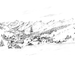 Papier peint panoramique La Clusaz en peinture - Noir et blanc - Muralconcept