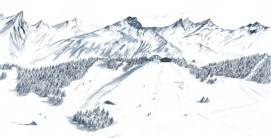 Papier peint montagne Megève – Fresque artistique peinte à la main - Muralconcept