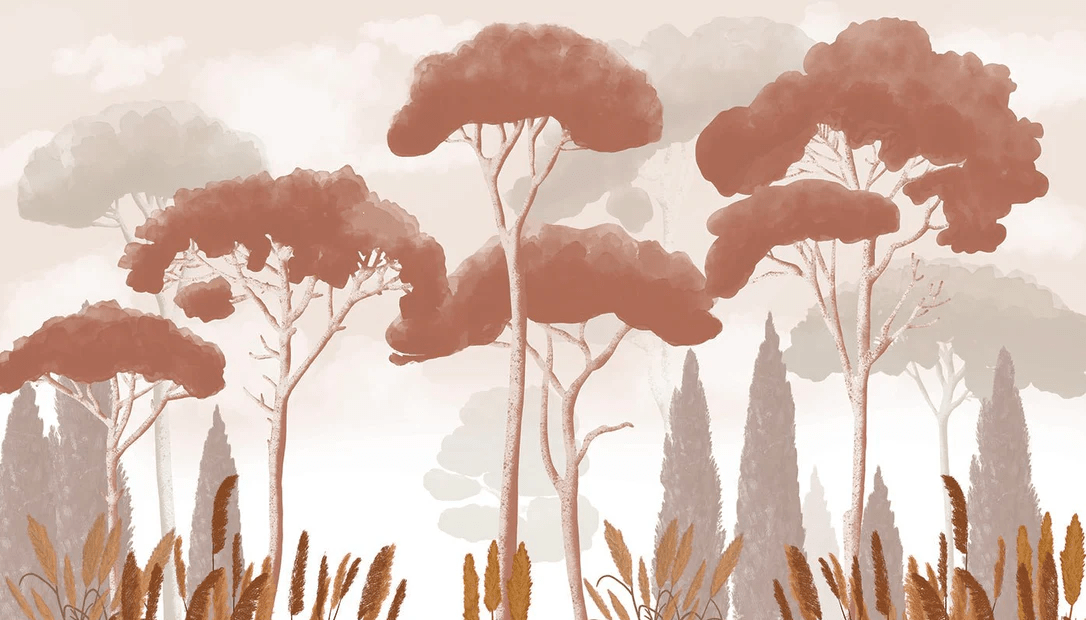 Papier peint cyprès pins et herbes de la pampa terracotta - Muralconcept