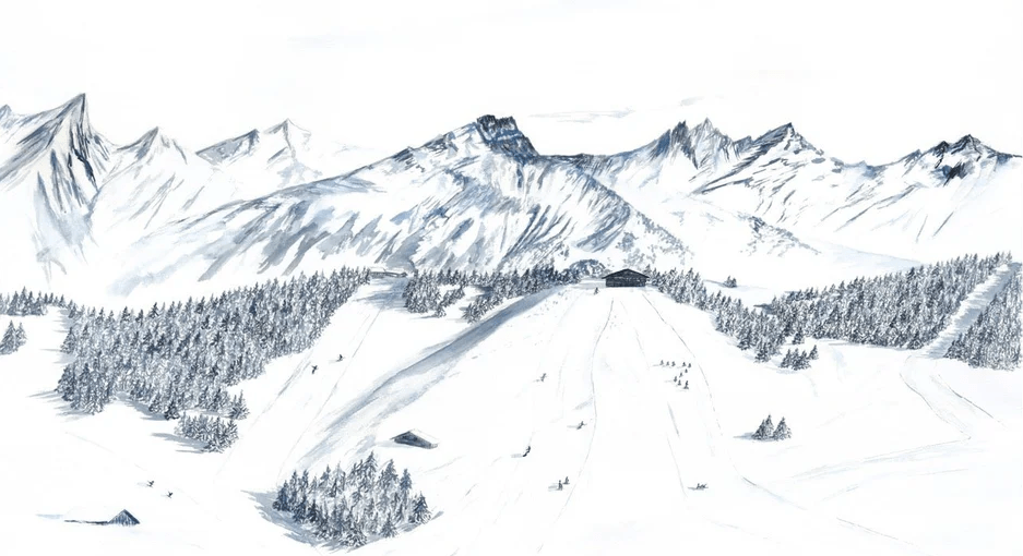 Papier peint montagne Megève – Fresque artistique peinte à la main - Muralconcept