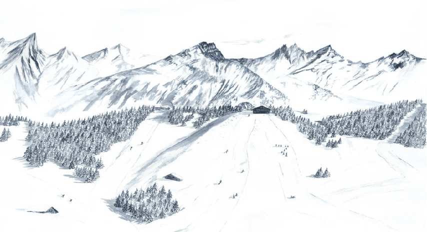 Papier peint montagne Megève – Fresque artistique peinte à la main - Muralconcept