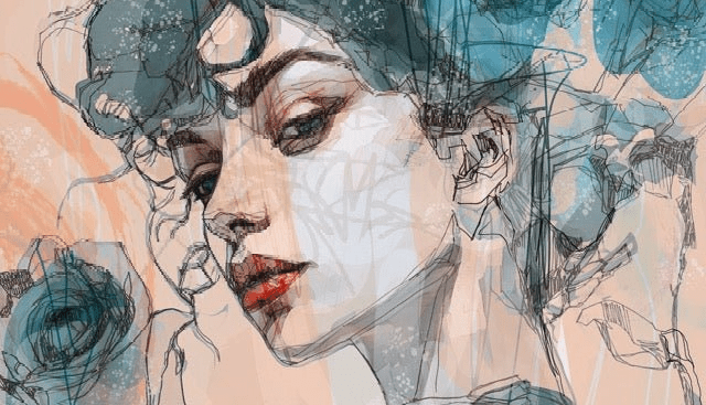 Papier peint visage féminin blue rose - Muralconcept