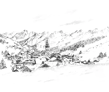 Papier peint panoramique La Clusaz en peinture - Noir et blanc - Muralconcept