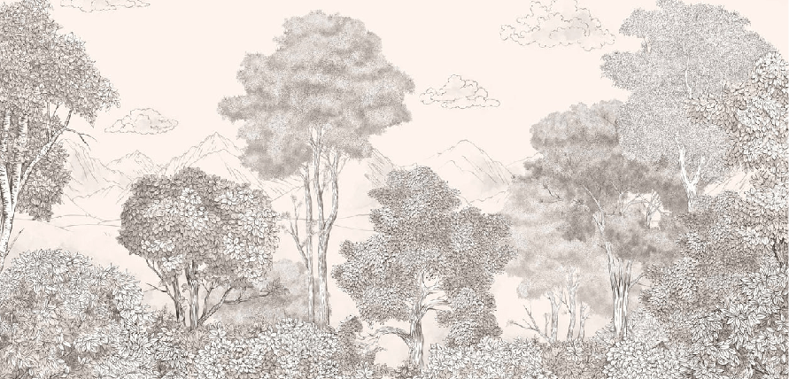Papier peint panoramique Forêts et Monts Crayonnés Beige - Muralconcept