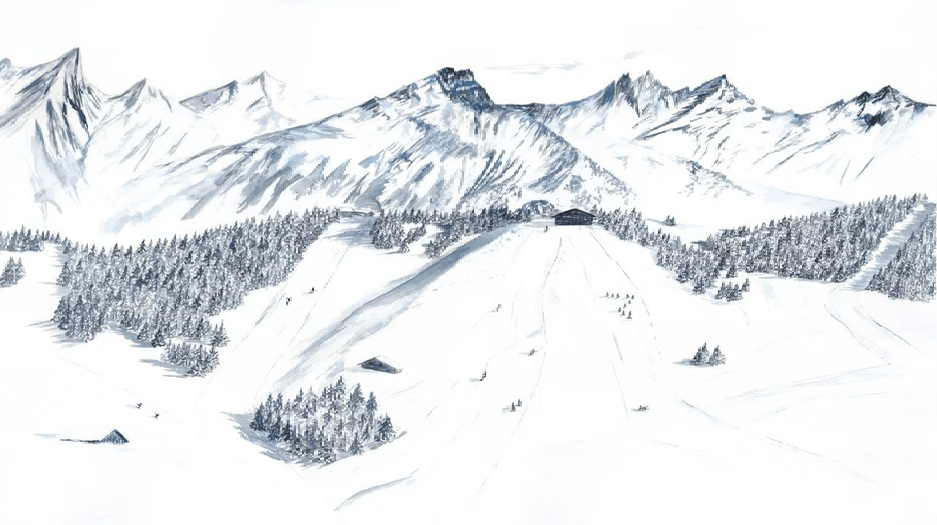 Papier peint montagne Megève – Fresque artistique peinte à la main - Muralconcept
