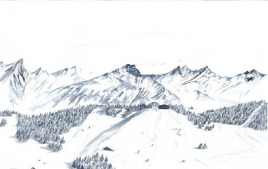 Papier peint montagne Megève – Fresque artistique peinte à la main - Muralconcept
