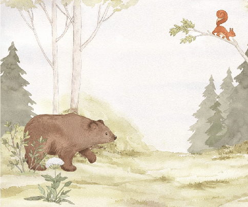 Papier peint enfant tendre ours dans la forêt - Muralconcept