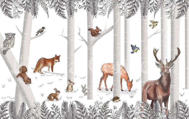Papier peint bois enchanté et ses animaux
