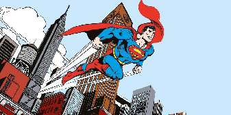 Papier peint panoramique héro superman BD vintage jump hors de la ville - Muralconcept