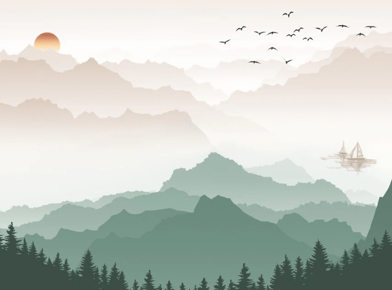 Papier peint montagne dans brume terracotta - Muralconcept