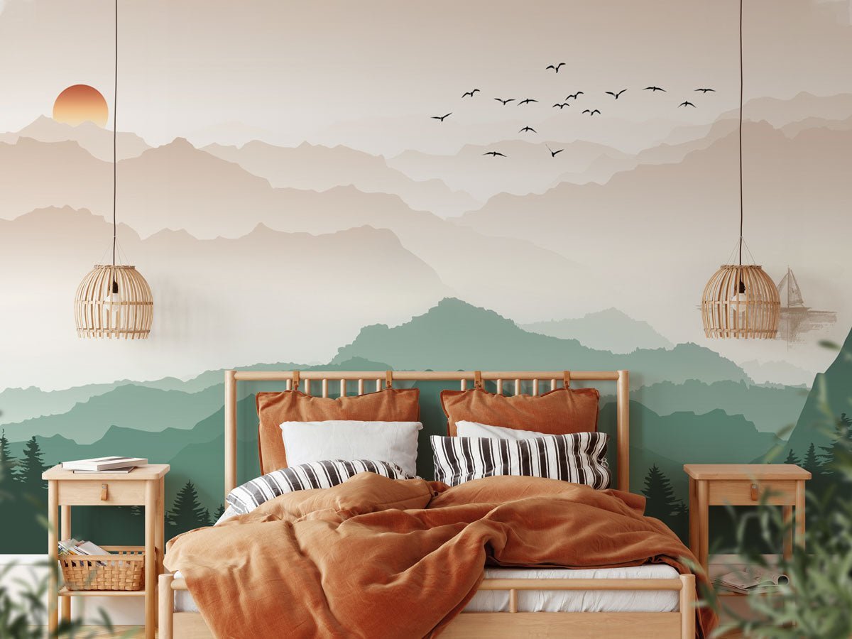Papier peint montagne dans brume terracotta, mural concept, tendance