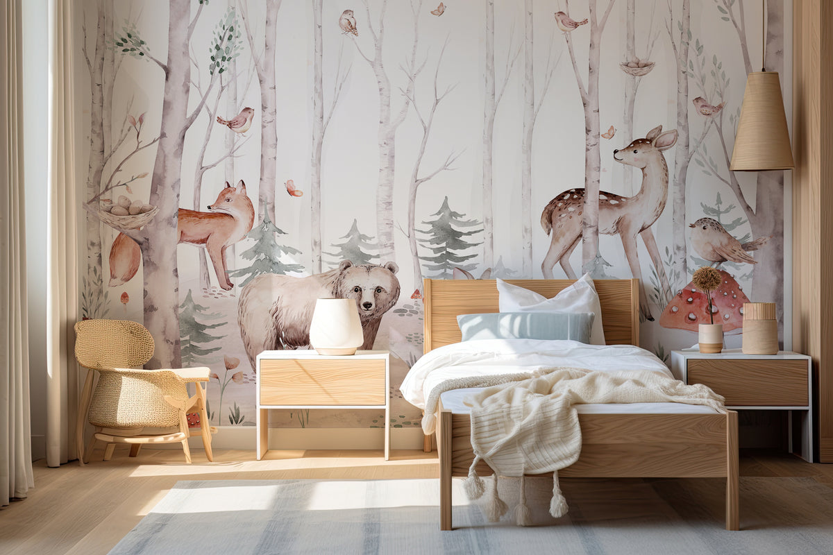 Children's watercolor wallpaper forest animals