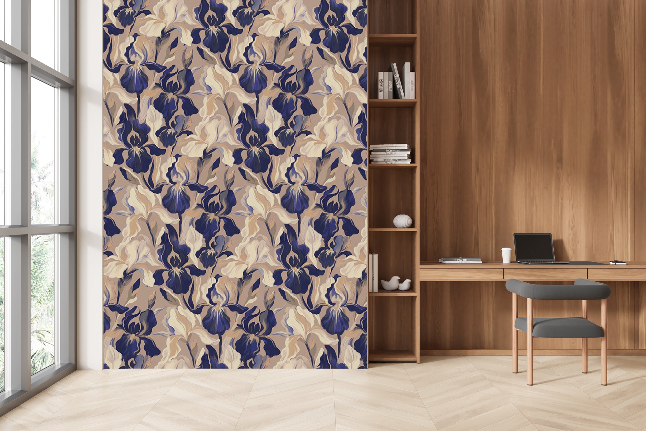 Papier peint motif Iris bleu fond sable - Mural français artistique haut de gamme - Muralconcept