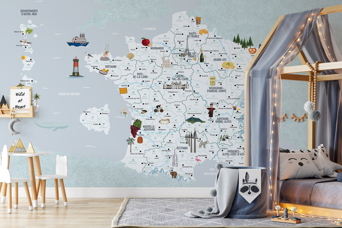 Blue children's France map wallpaper