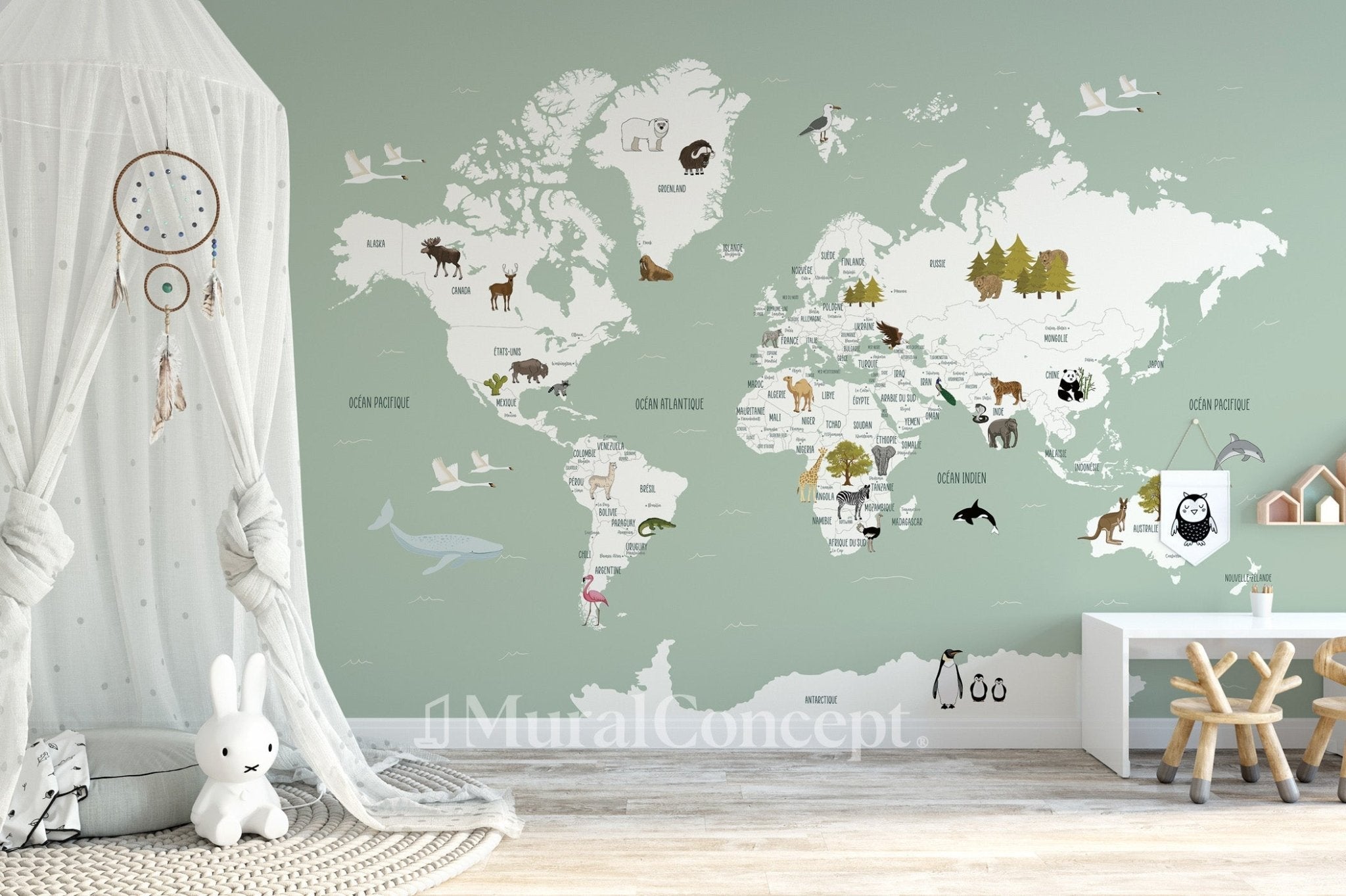 Papier peint Carte du monde en Francais enfant vert, XXL, tendance