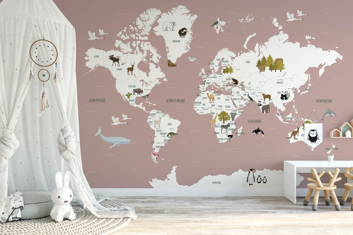 Children's French world map wallpaper old pink