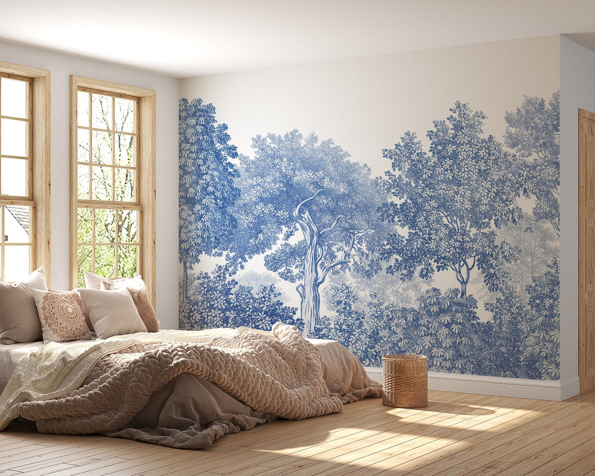 Landscape wallpaper forest blue engraving