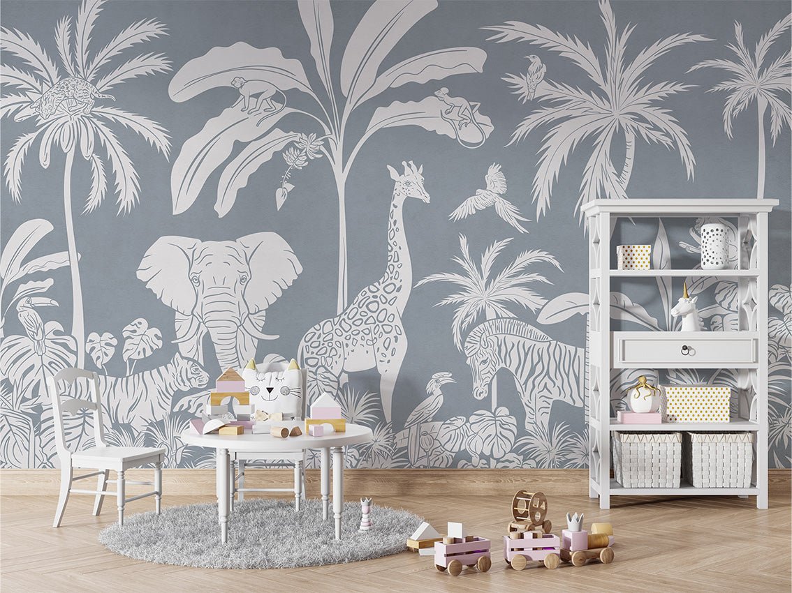 Children's wallpaper safari monochrome blue