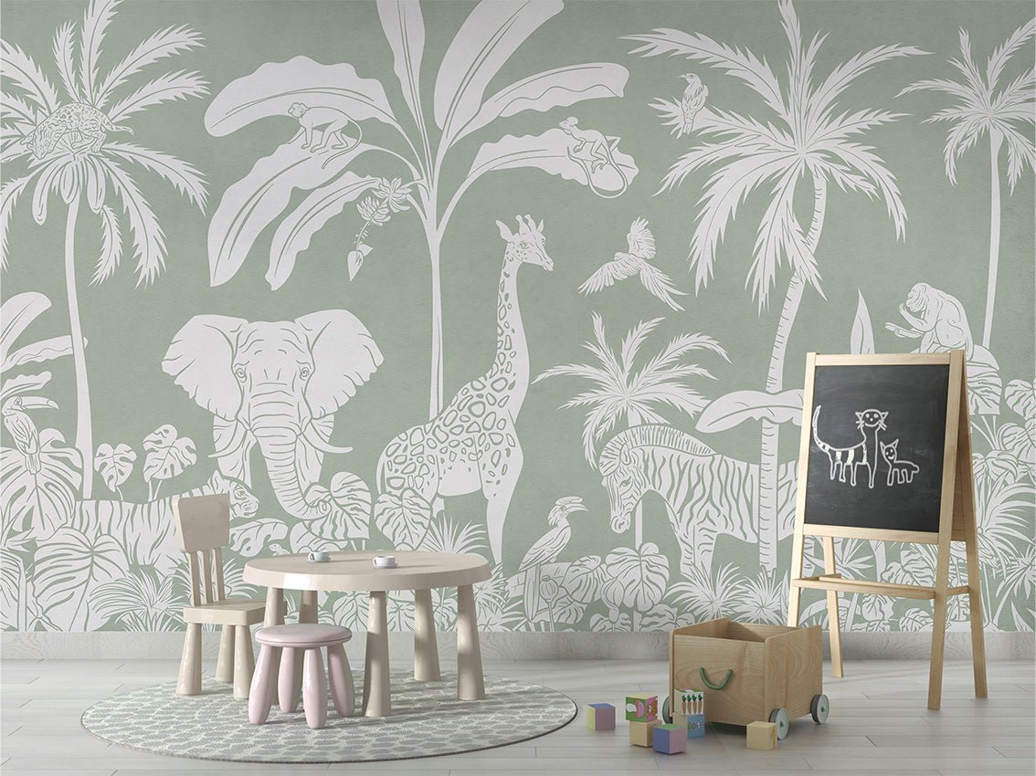 Papier peint enfant safari monochrome vert