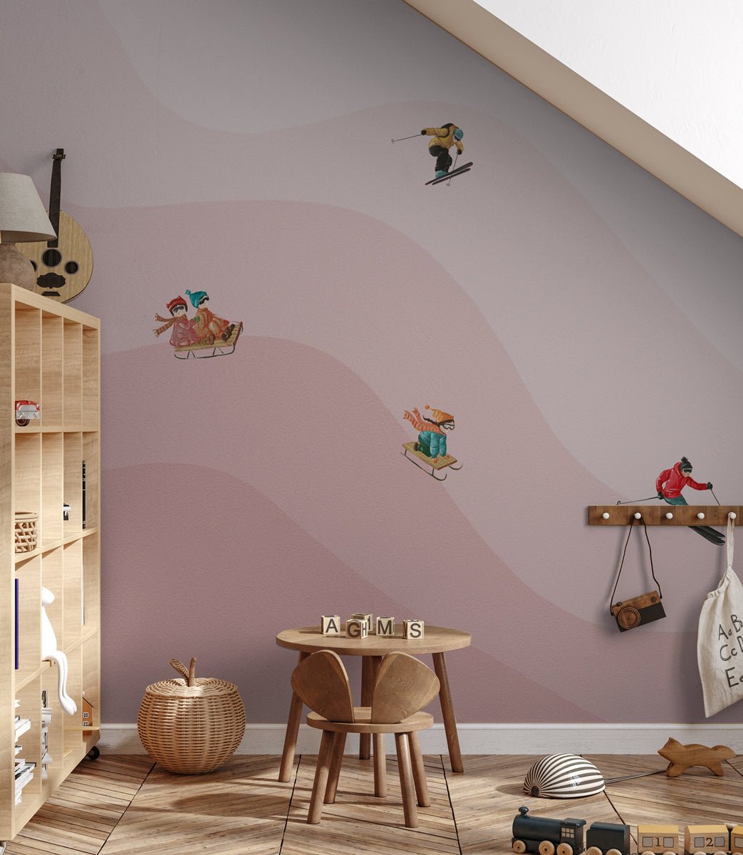 Children's wallpaper skiers pink