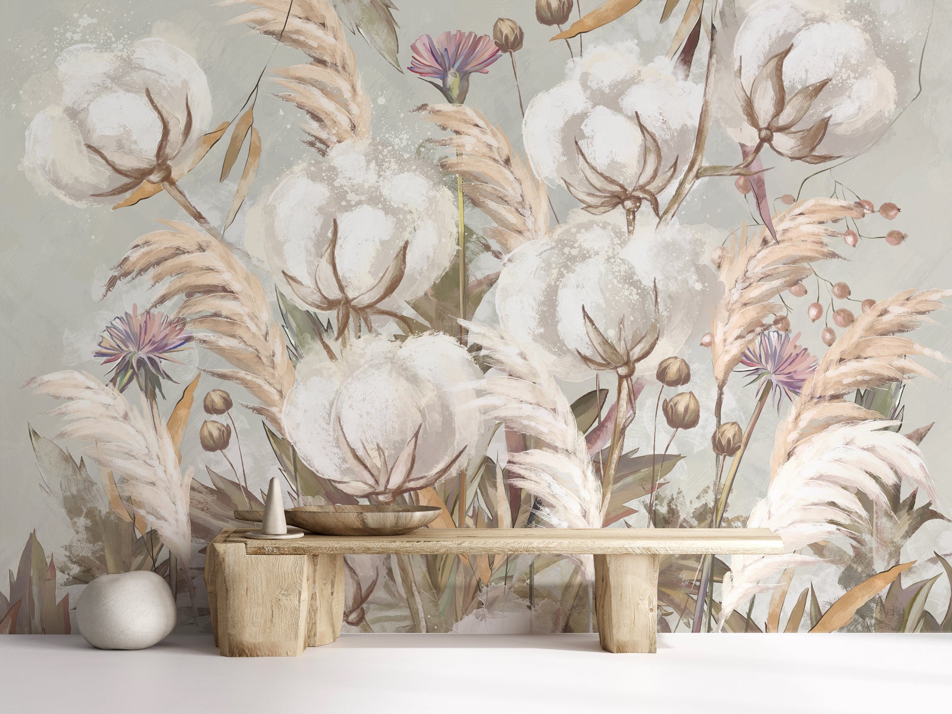 Papier peint panoramique fleur coton, mural concept, tendance