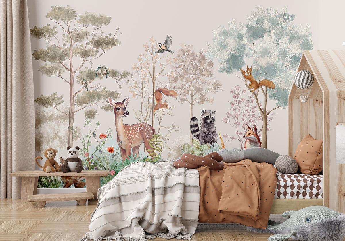 Children's bedroom wallpaper in magical nature beige