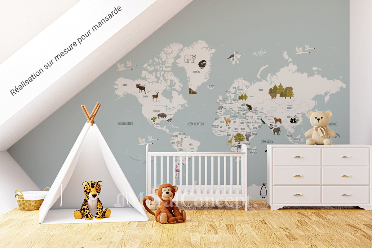 Children's map of the world in French glacier blue wallpaper