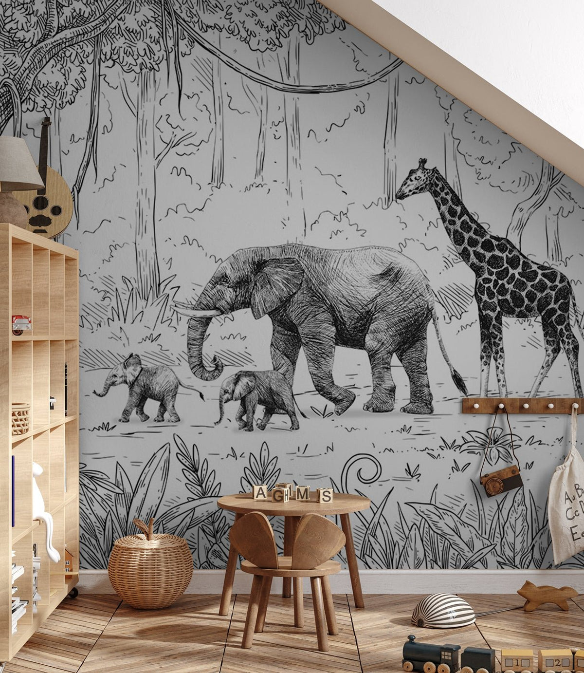 Black and white monochrome children's jungle wallpaper