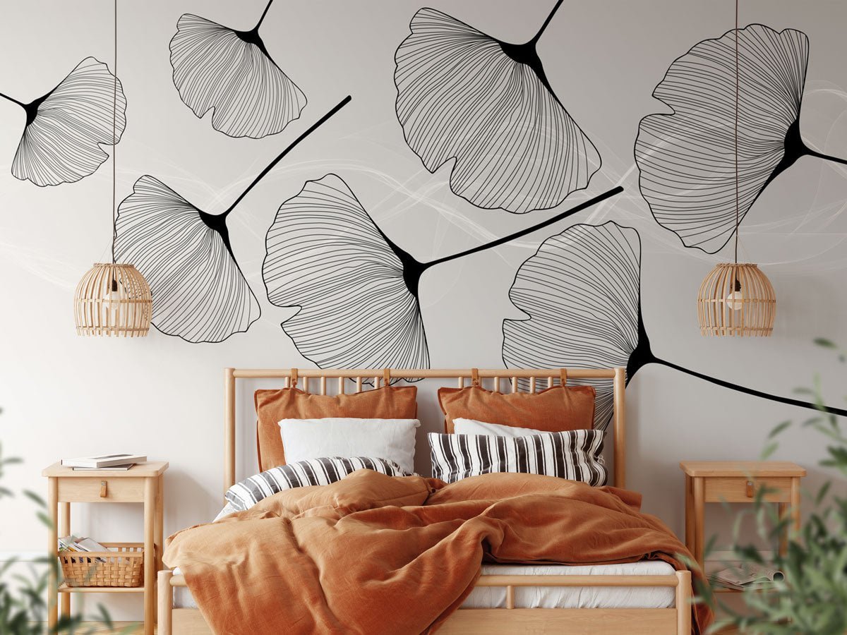 Papier peint panoramique tendance ginkgo noir, XXL, tendance