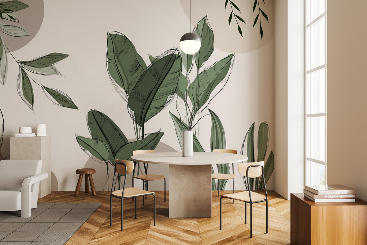 Graphic plant panorama wallpaper taupe