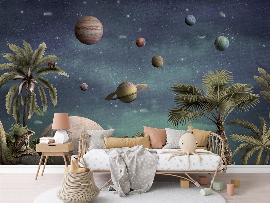 Planets and wild animals wallpaper 