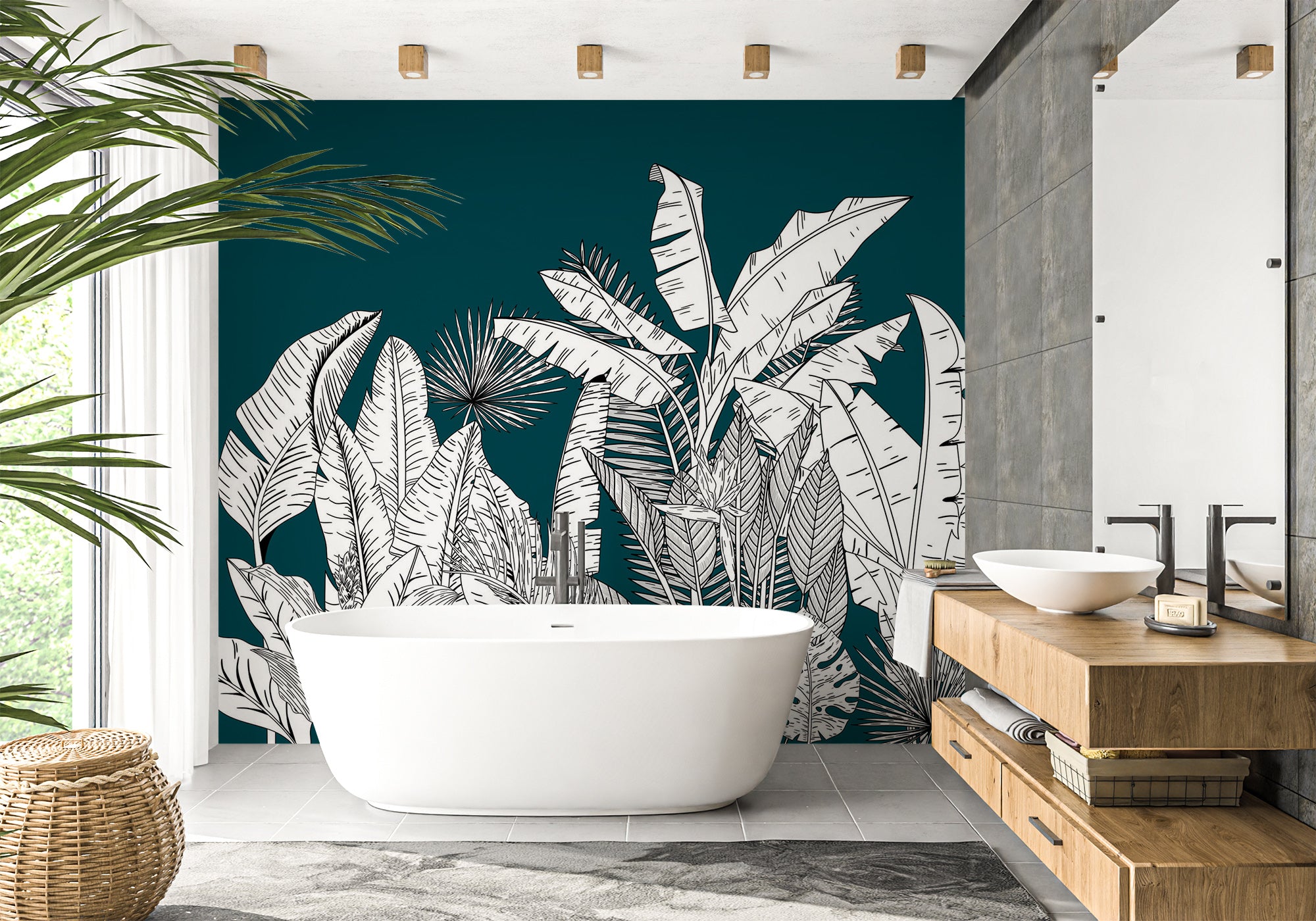 Papier peint salle de bain panoramique botanic leaf vert, mural concept, tendance