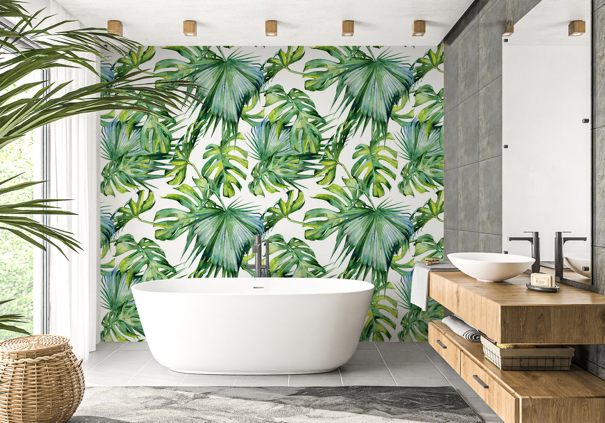 Papier peint salle de bain feuillages verts