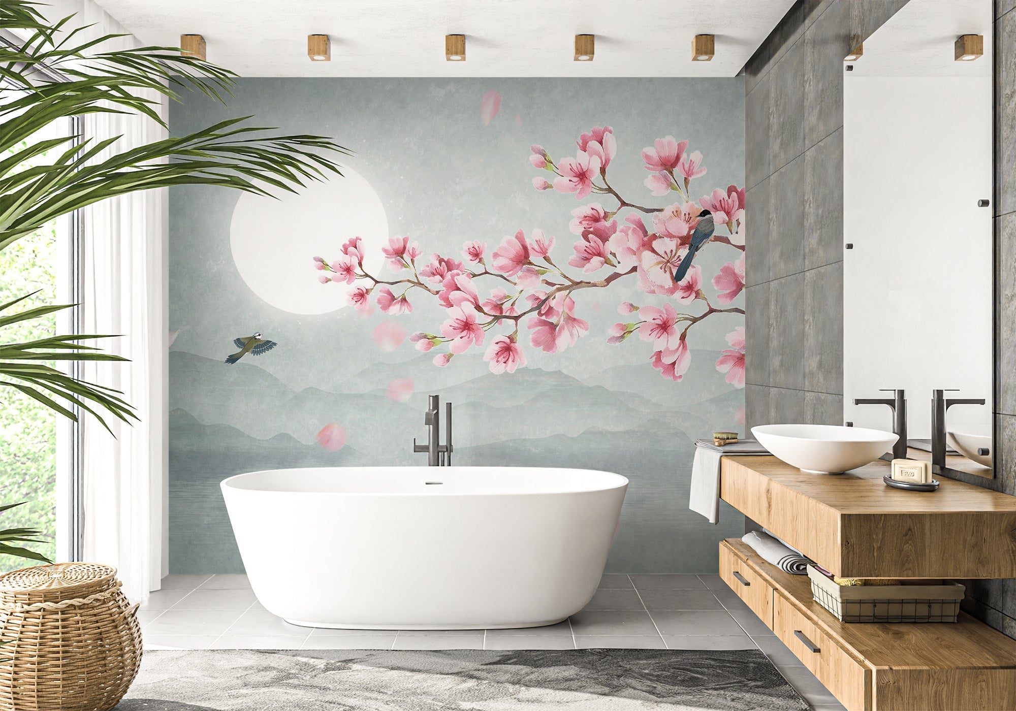 Papier peint salle de bain tendance floral cerisier poétique, XXL, tendance