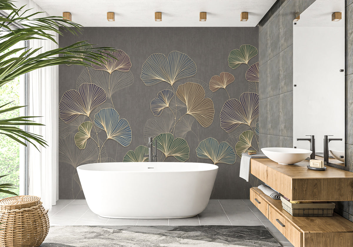 Trendy ginkgo asia bathroom wallpaper