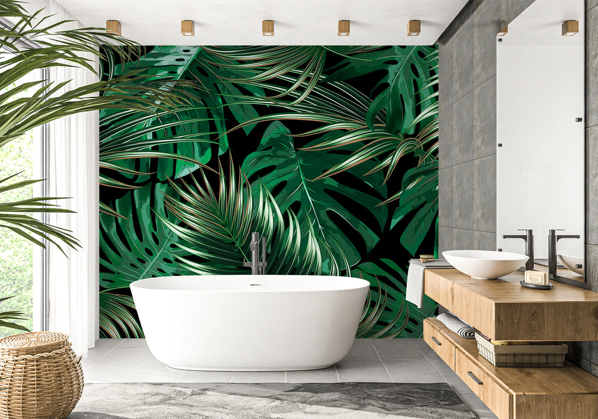 Large green leaves non-woven bathroom wallpaper