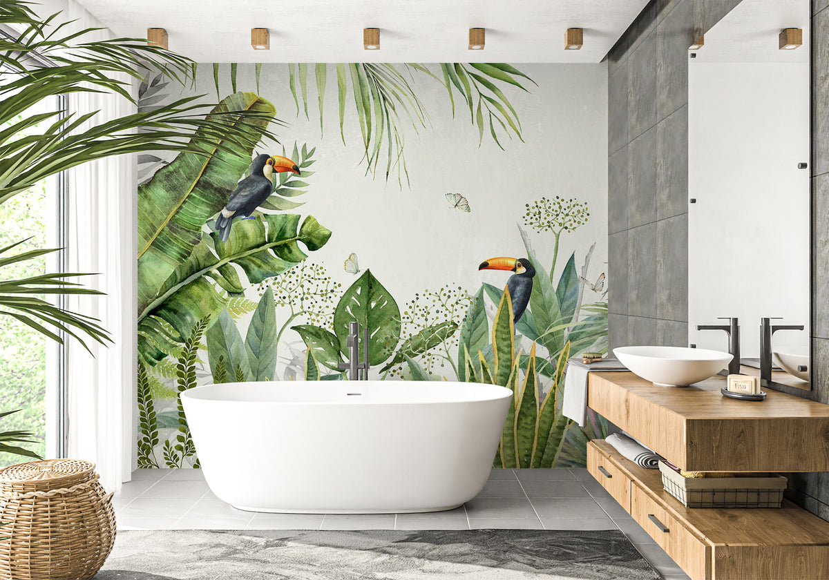 Exotic bird jungle bathroom wallpaper