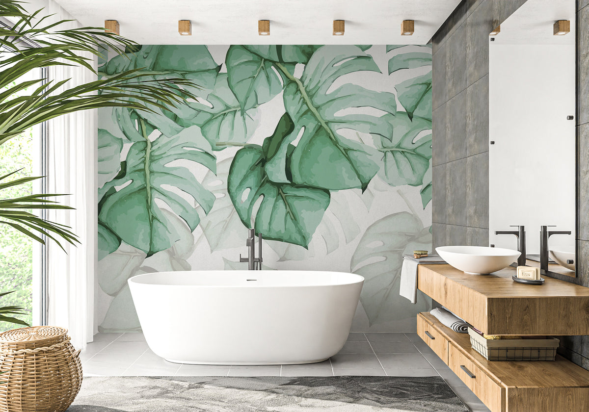 Large Leaf & Scandinavian bathroom wallpaper