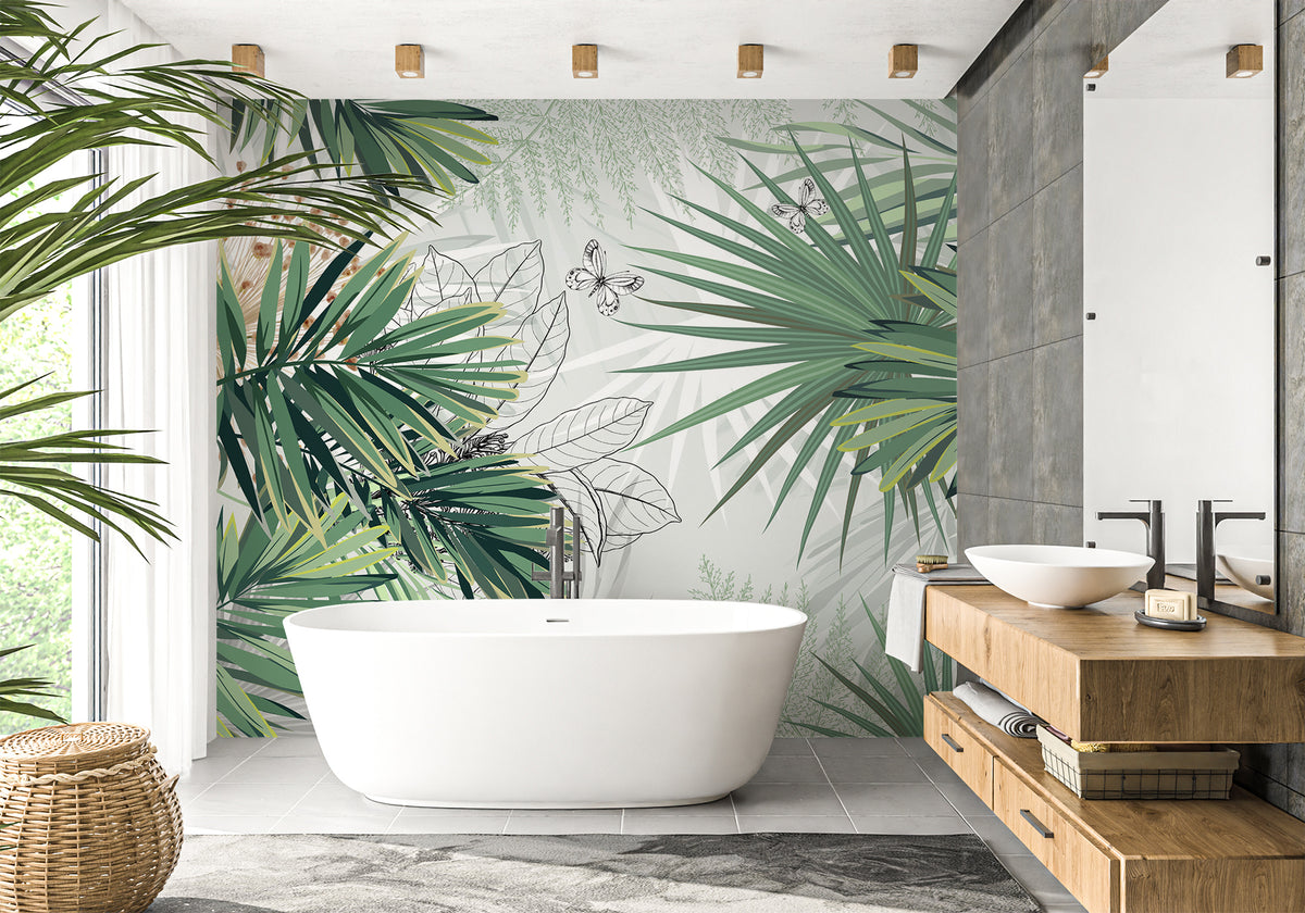 Green palm nature bathroom wallpaper