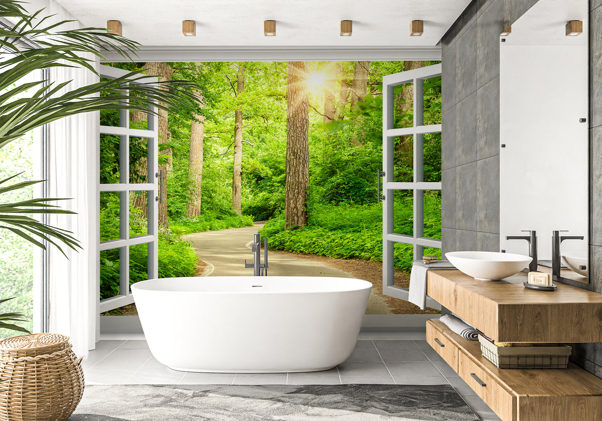 Forest walk trompe l'oeil bathroom wallpaper