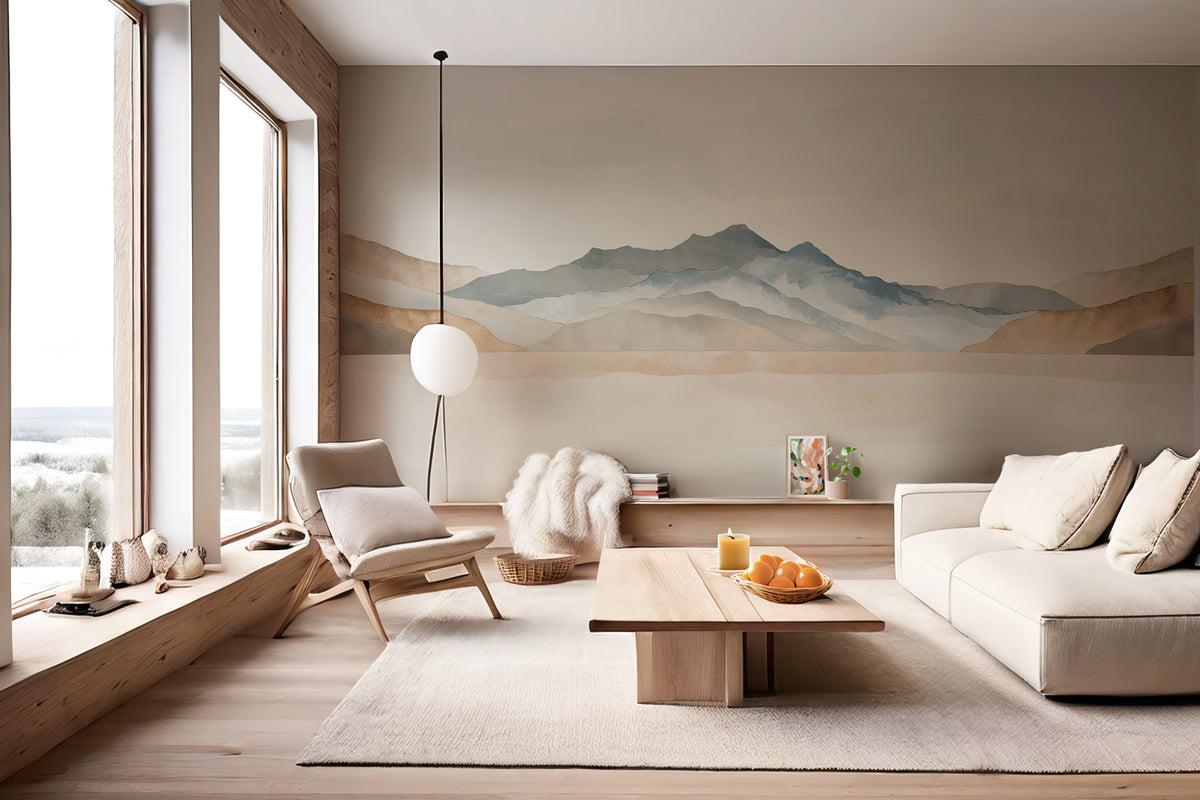 Papier peint panoramique montagne aquarelle pastel – Décor mural paysage apaisant