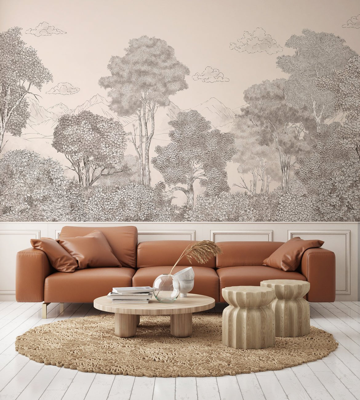 Panoramic wallpaper Forests and Mountains Penciled Beige