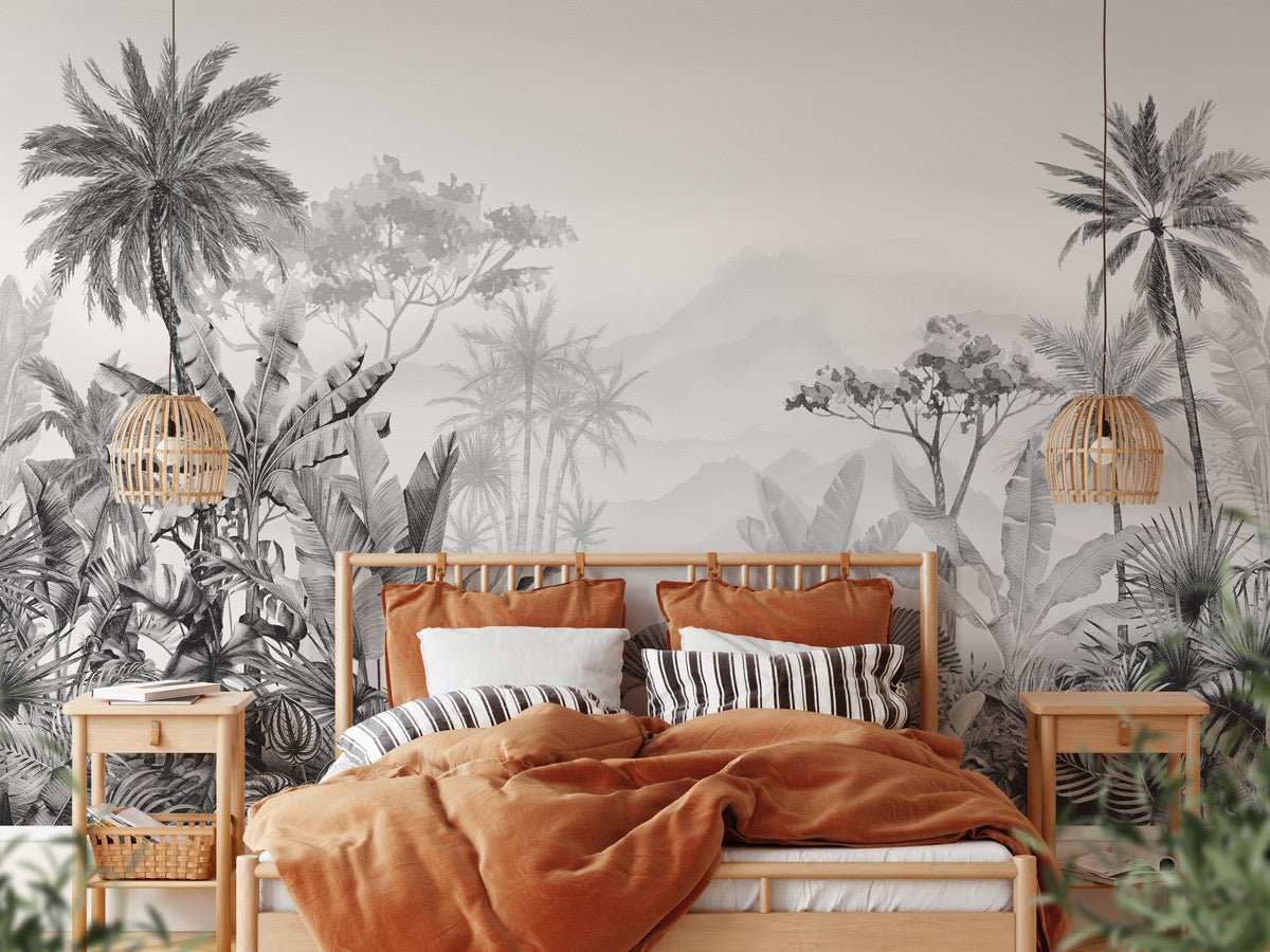 Papier peint tendance tropical noir et blanc, mural concept, tendance