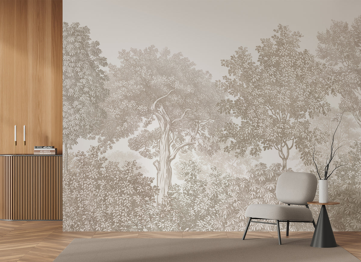 Landscape wallpaper forest engraving beige