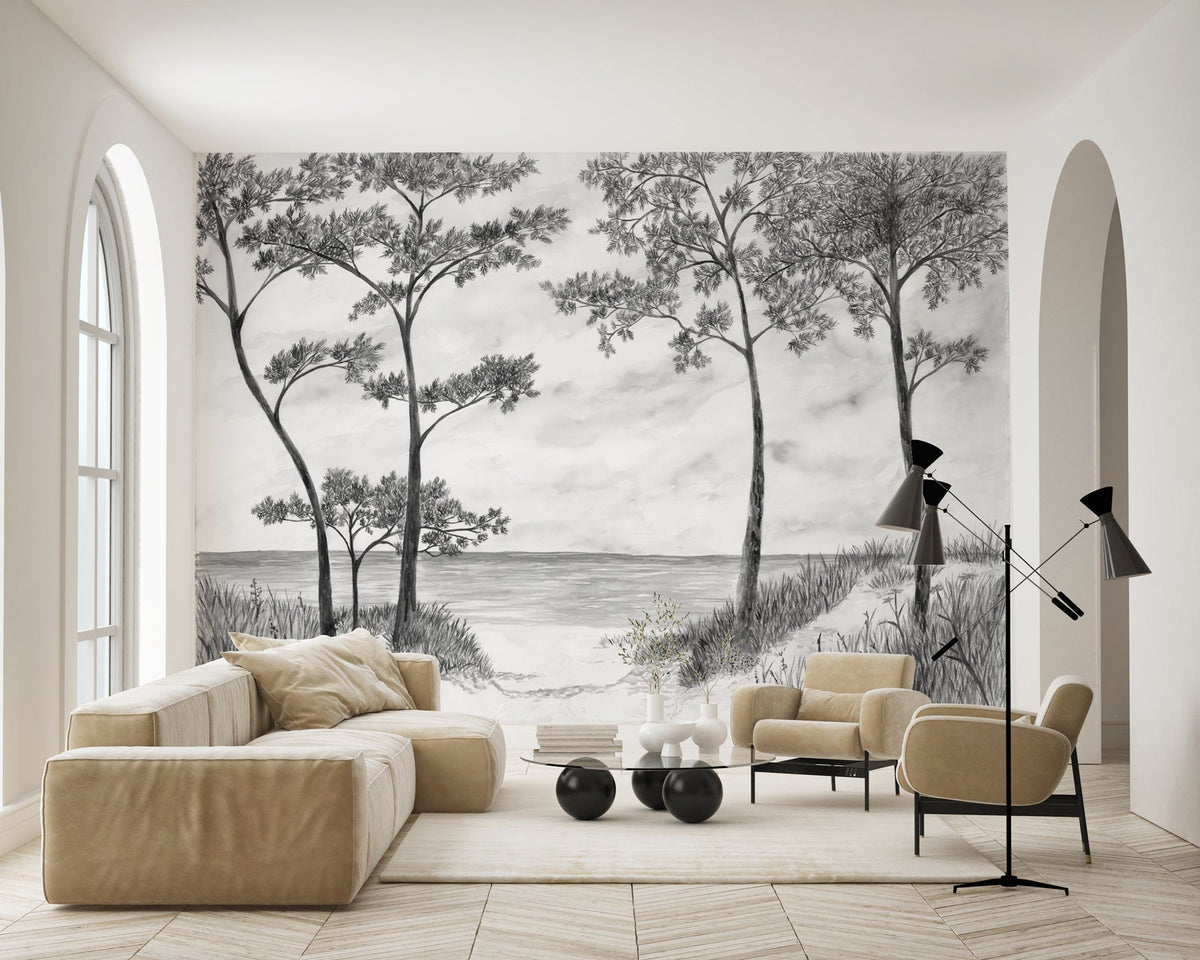Seaside Pines and Dunes Wallpaper - Black and White