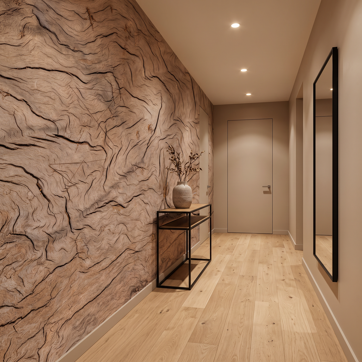 Papier peint effet trompe-l'œil dans un couloir : profondeur et matière — MuralConcept