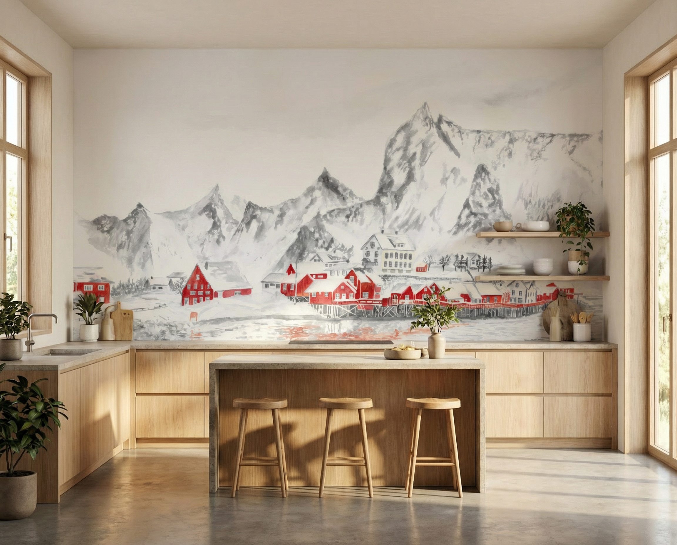 Papier peint panoramique Norvège – Fjord et village de pêcheurs