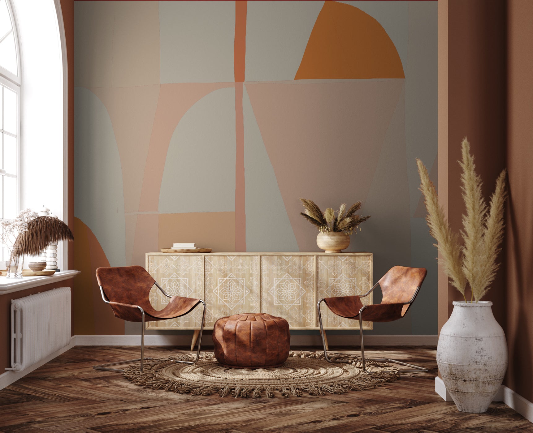 Papier peint abstrait géométrique peach, mural concept, tendance