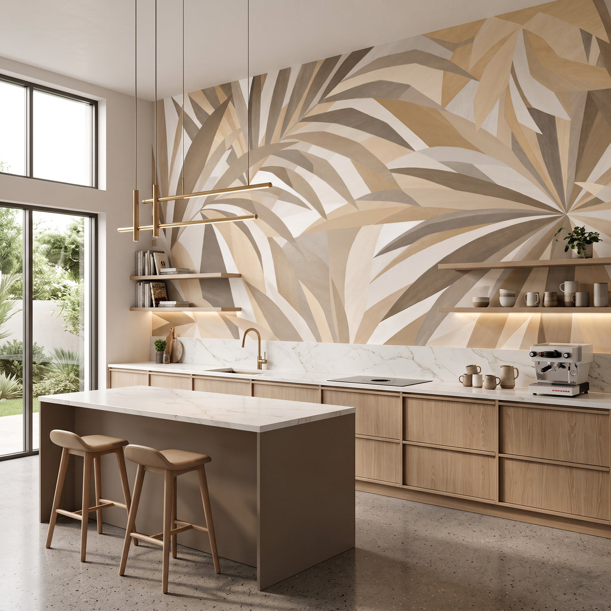 Papier peint panoramique feuillage tropical - beige et ocre