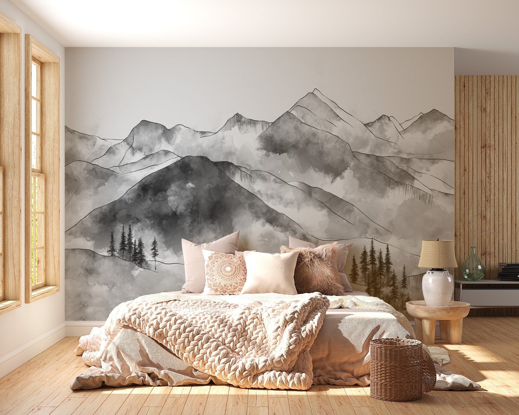Papier peint montagne chaine des Aravis noir et blanc, mural concept, tendance